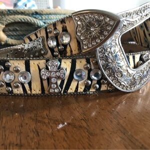 Vintage Western Zebra Print Belt with Silver Embellishments